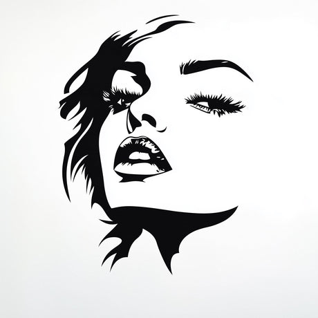 Stylized female face wall decal in black silhouette.