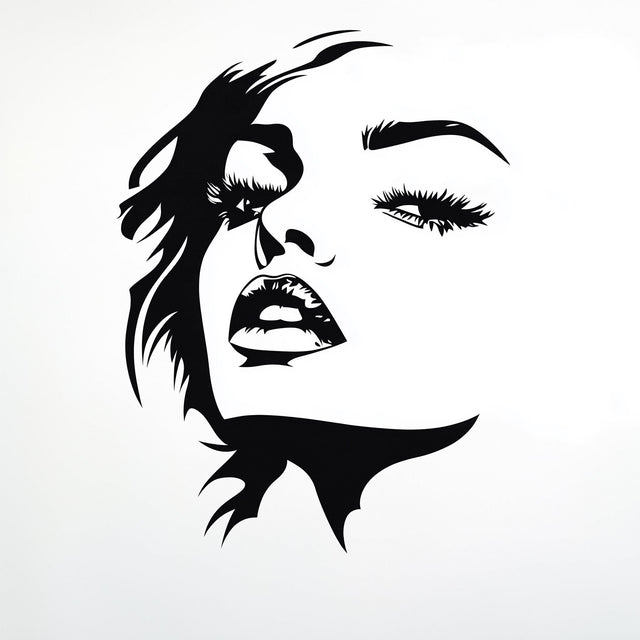 Stylized female face wall decal in black silhouette.