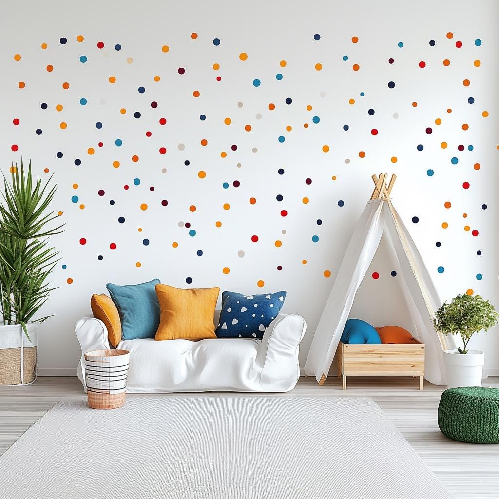 Colorful Polka Dot Wall Decal Set displayed in a room setting.