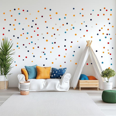 Colorful Polka Dot Wall Decal Set displayed in a room setting.