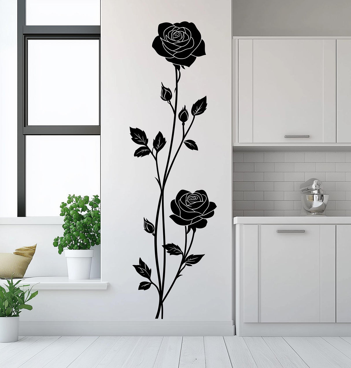 Vertical rose wall decal sticker in a modern kitchen, featuring elegant black roses and leaves.