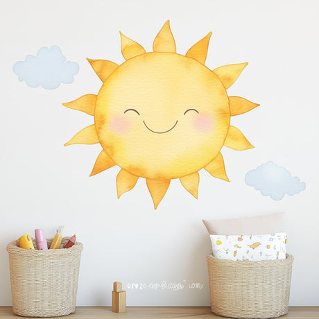 Smiling Sun Wall Decal Sticker displayed in a room setting.