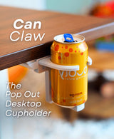 Can Claw pop-out desktop cup holder securing a drink under a desk.