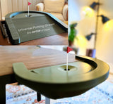 Universal putting green for desk with ball return.