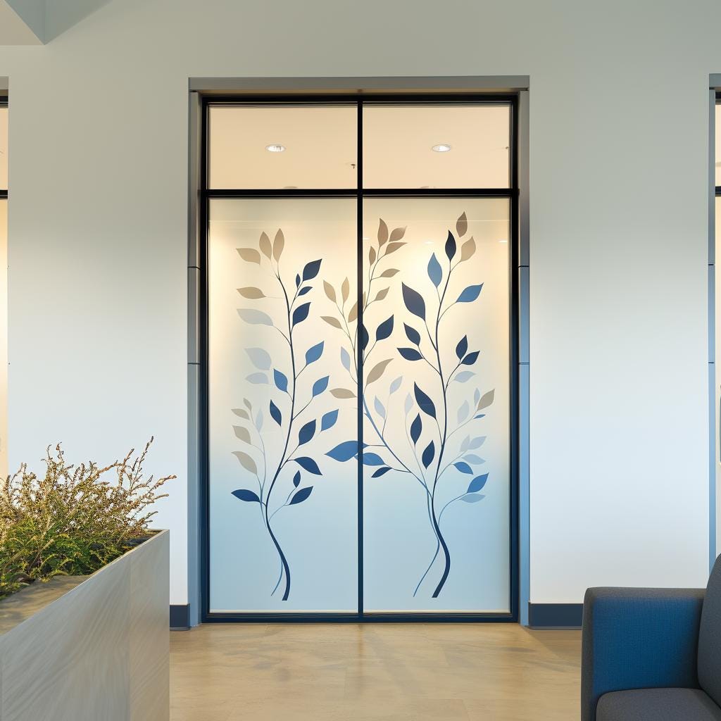 Alternate product presentation of Frosted Glass Decal with Multi-Color Leaf Design.