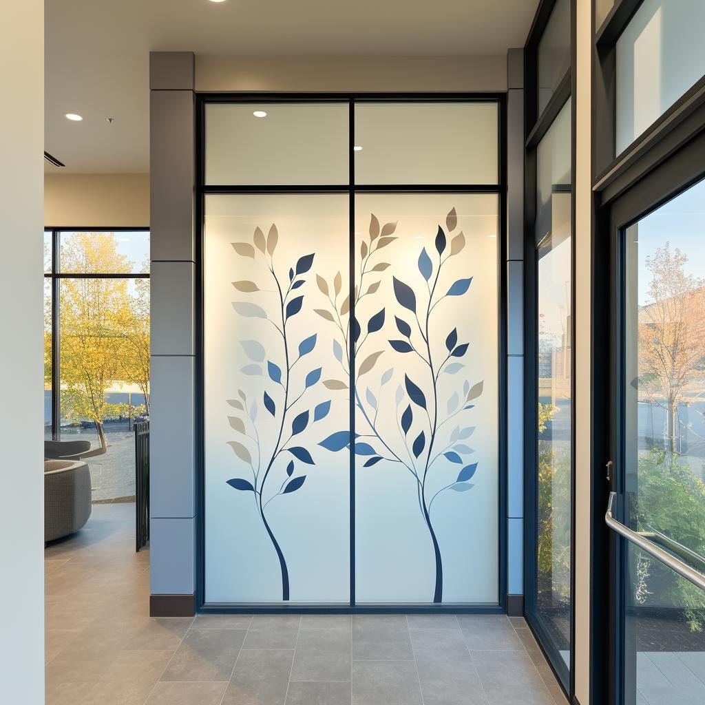 Frosted Glass Decal with Multi-Color Leaf Design applied to a window.