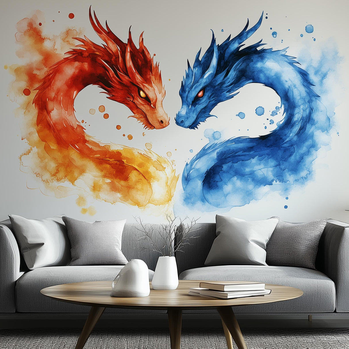 Red and blue watercolor-style dragon vinyl wall decal displayed in an interior.