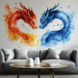 Red and blue watercolor-style dragon vinyl wall decal displayed in an interior.