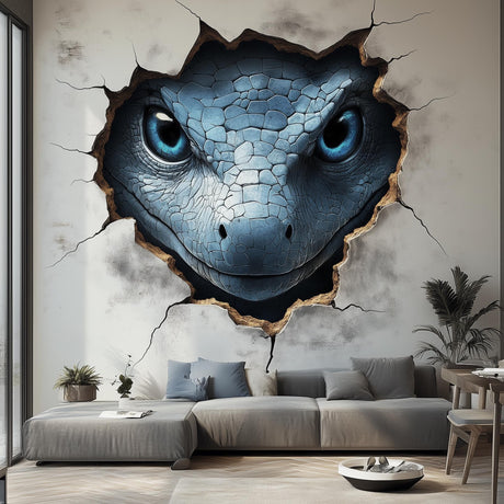 Blue gecko wall decal crawling through a cracked-wall opening