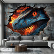 Blue raptor wall decal with a glowing red eye and fiery breakthrough effect