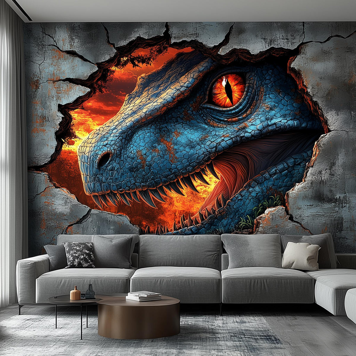 Blue raptor wall decal with a glowing red eye and fiery breakthrough effect