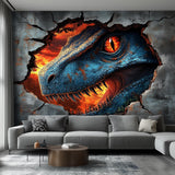 Blue raptor wall decal with a glowing red eye and fiery breakthrough effect