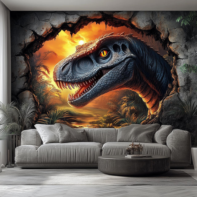 Raptor sunset wall decal with a cracked-wall illusion, Design 3