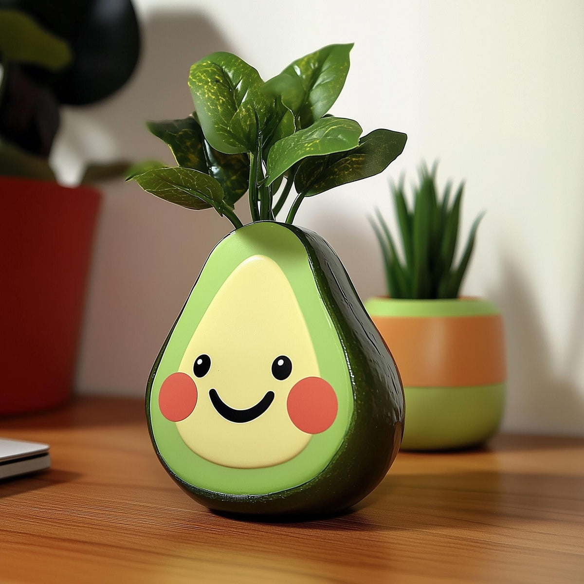 Smiling avocado-shaped 3D printed planter with a central opening for a small plant.