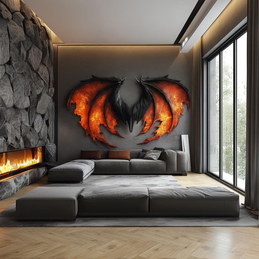 Alternate room view of the red and black dragon wing wall decal.