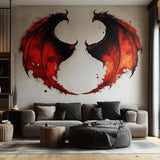 Red and black dragon wing wall decal displayed in a room setting.
