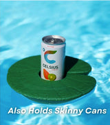 Lily Pad water cupholder floating in pool with a skinny can, designed to keep drinks secure and stylish.