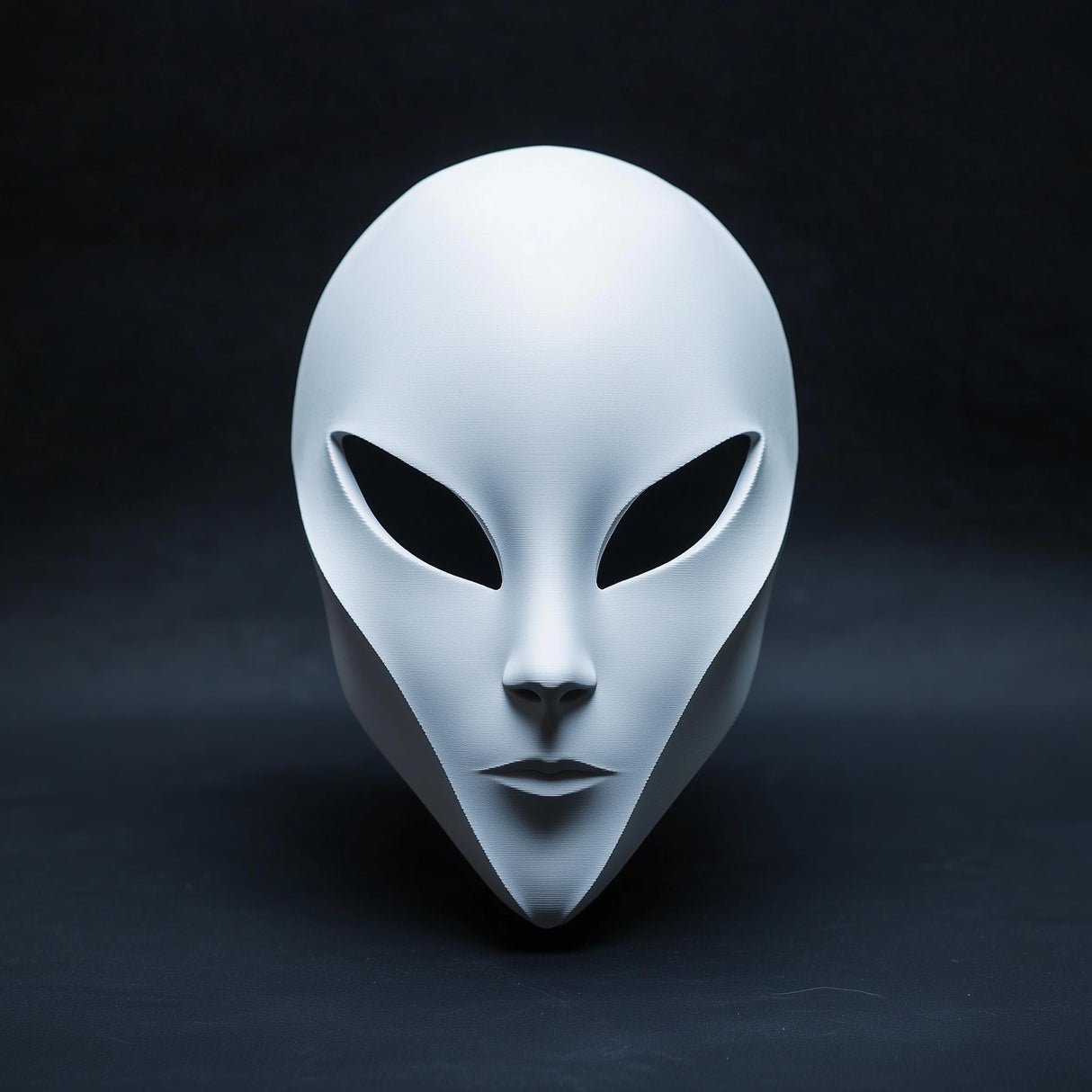 Minimalist 3D printed alien mask with an elongated face shape and large dark eye openings.