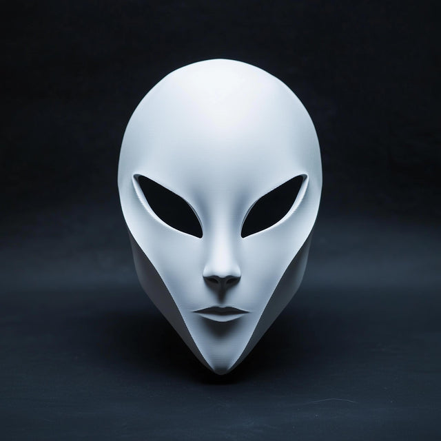 Minimalist 3D printed alien mask with an elongated face shape and large dark eye openings.
