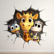 Cartoon safari animals wall decal with a giraffe, bird and cracked-wall illusion
