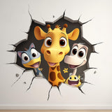Cartoon safari animals wall decal with a giraffe, bird and cracked-wall illusion