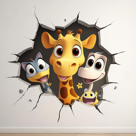 Cartoon safari animals wall decal with a giraffe, bird and cracked-wall illusion