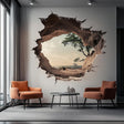 Nature landscape wall decal seen through a cracked-rock portal illusion
