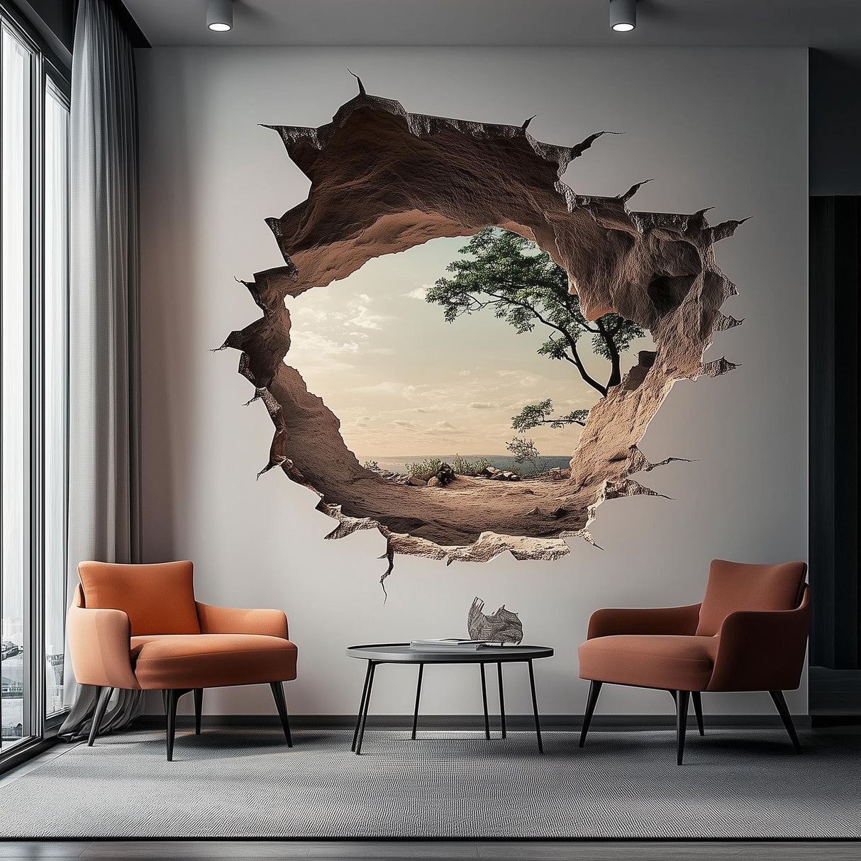 Nature landscape wall decal seen through a cracked-rock portal illusion