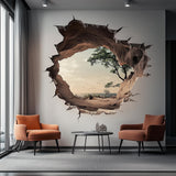 Nature landscape wall decal seen through a cracked-rock portal illusion