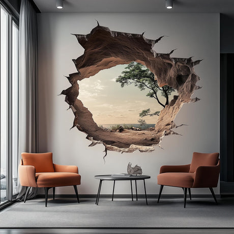 Nature landscape wall decal seen through a cracked-rock portal illusion