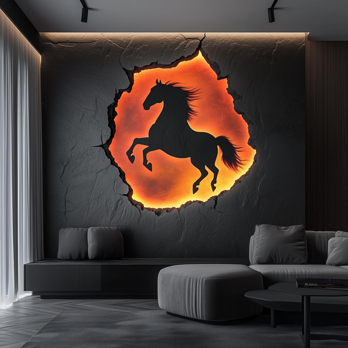 Rearing horse wall decal with a fiery cracked-rock visual effect