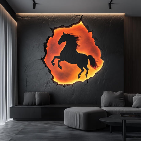 Rearing horse wall decal with a fiery cracked-rock visual effect