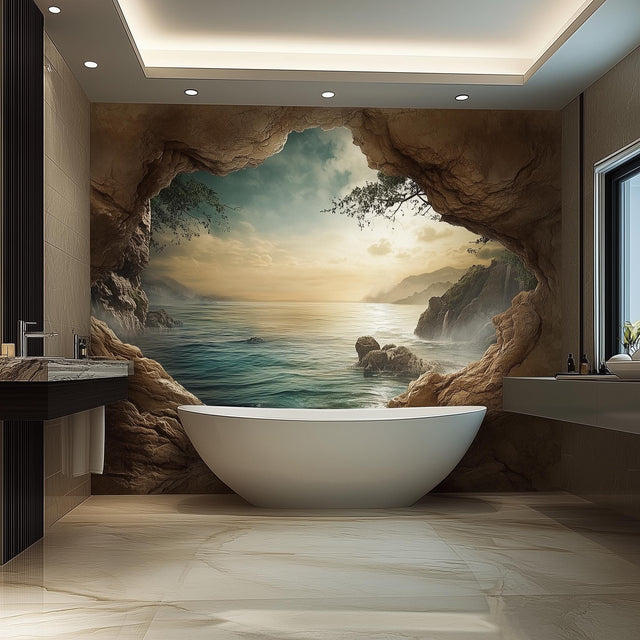 3D Ocean Cave Wall Mural displayed in a room setting.
