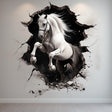 White horse wall decal emerging through a broken-wall opening