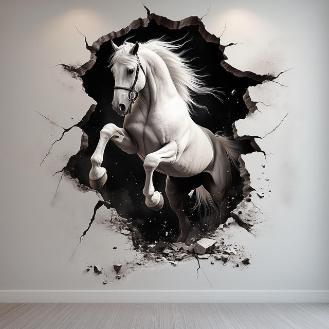 White horse wall decal emerging through a broken-wall opening