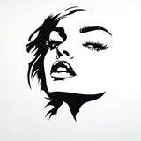 Stylized female face wall decal in bold black silhouette for modern art decor in bedrooms or salons.