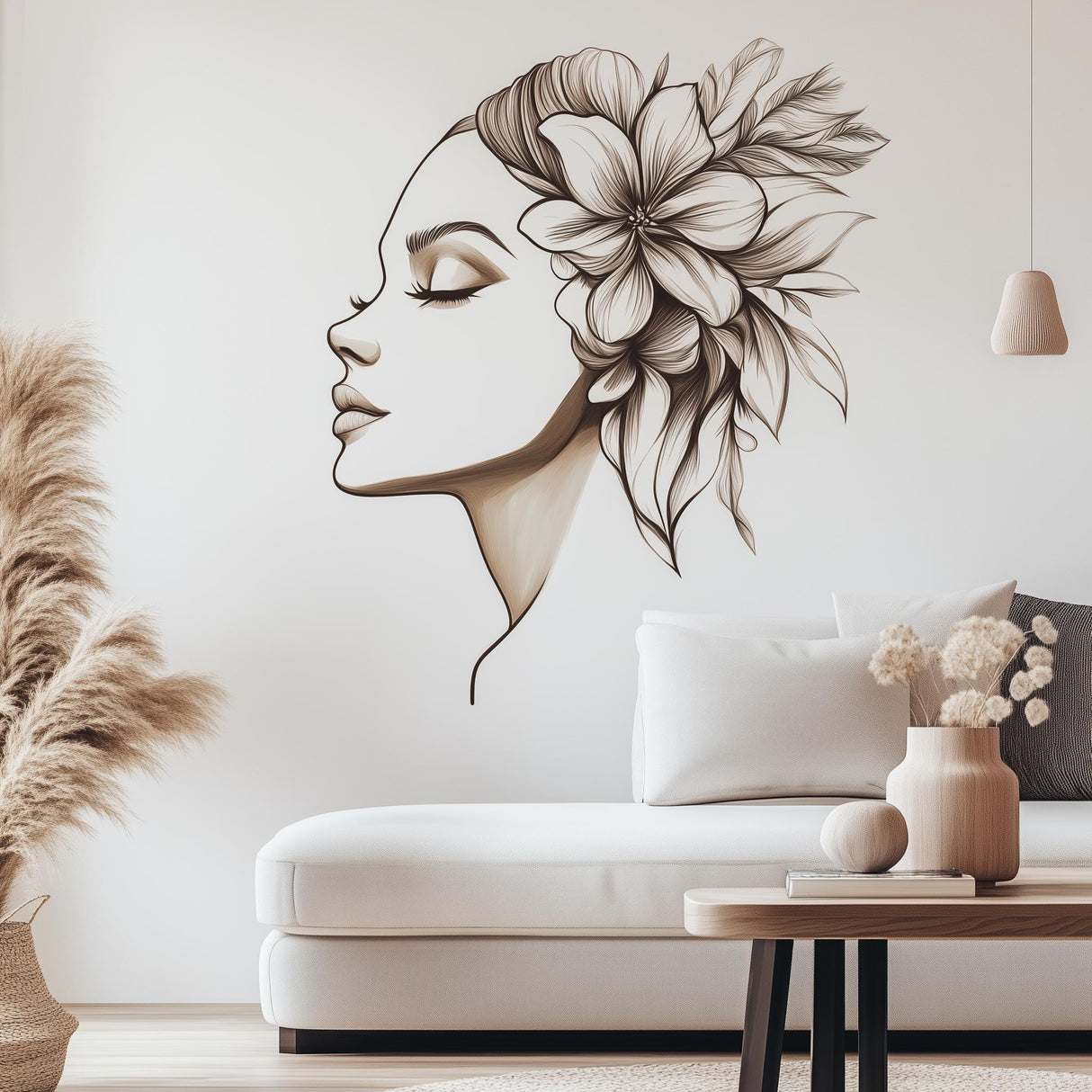 Floral Woman Wall Decal displayed in a room setting.