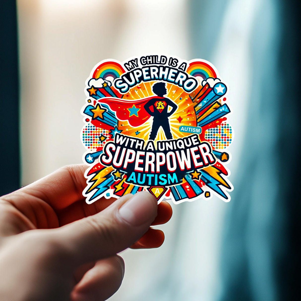 Alternate product presentation of My Child Is a Superhero Autism Sticker.