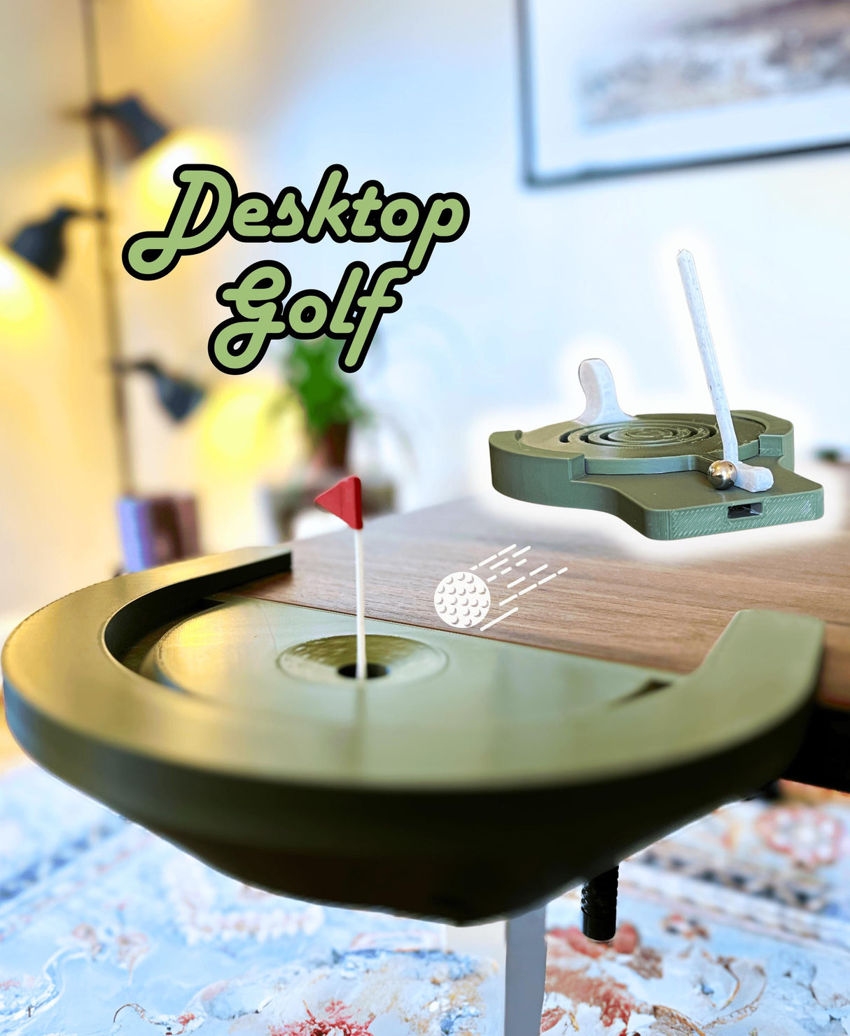 Interactive Desktop Golf Game featuring a mini putting green and flag.