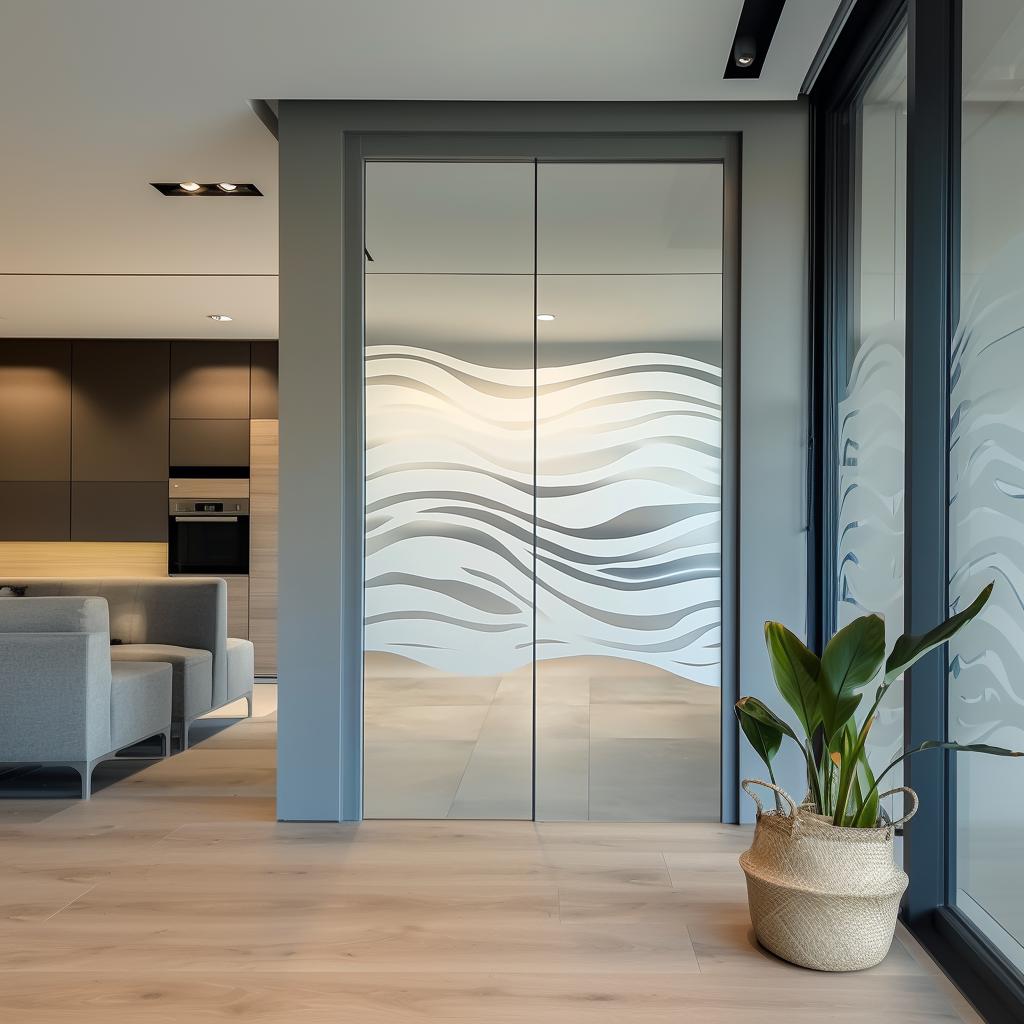 Wave-pattern privacy film decal applied to a glass office partition