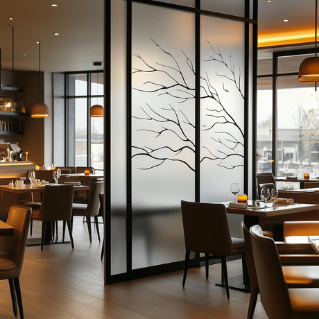 Product view of Frosted Glass Decal with Tree Branch Design.