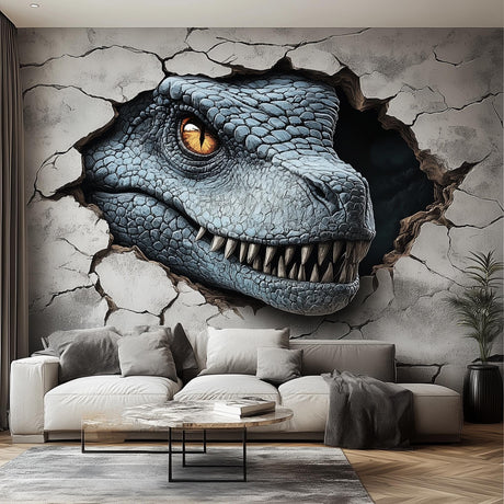 Blue raptor wall decal with a glowing yellow eye, Design 4