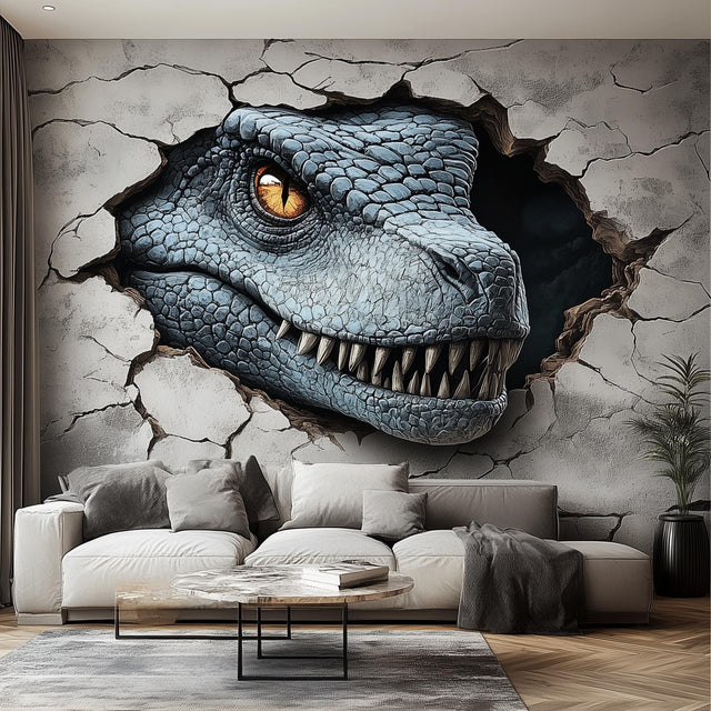 Blue raptor wall decal with a glowing yellow eye, Design 4