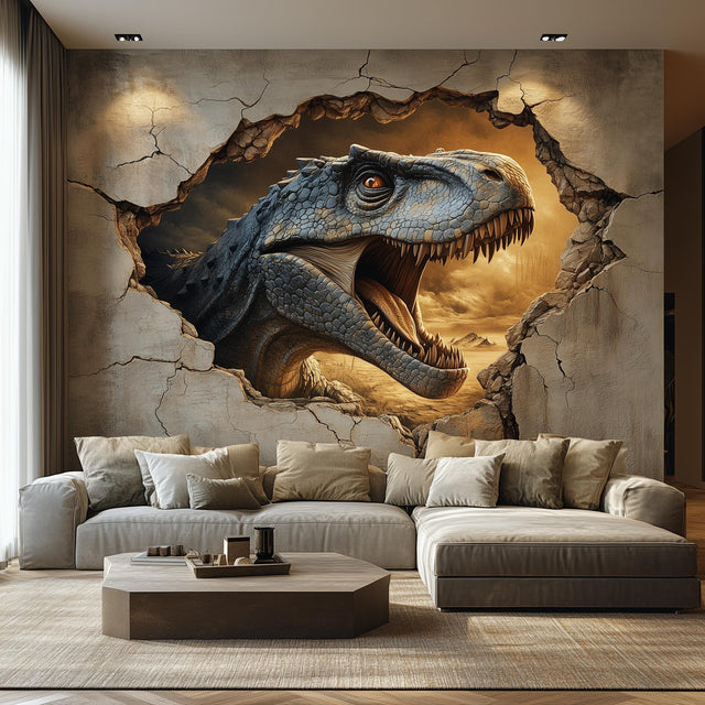 Roaring T-Rex wall decal with a cracked-wall breakthrough, Design 1