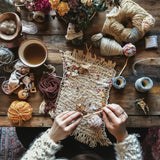 Hands crocheting a colorful yarn piece surrounded by various yarn balls and crafting supplies on a wooden table.