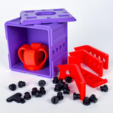 Colorful 3D-printed annoying gift box with red puzzle piece and bolts.