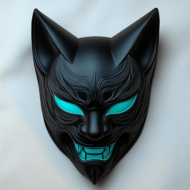 Black 3D printed cyber Kitsune mask with angular fox features and samurai-inspired contours.