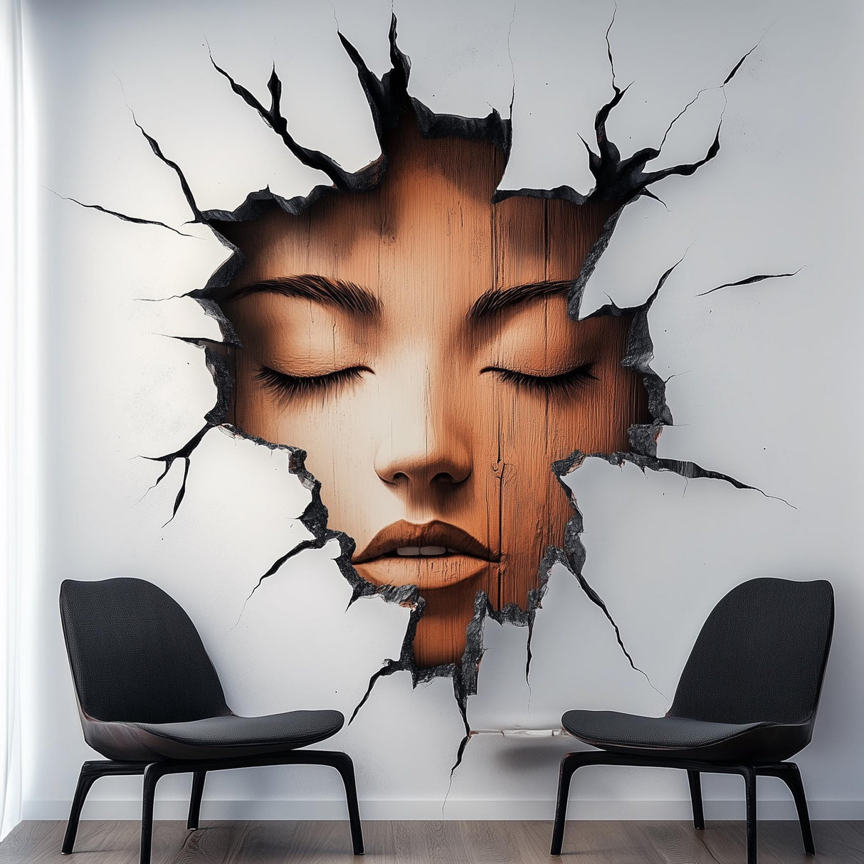 Surreal woman face wall decal emerging through a fractured wall