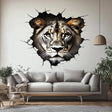 Realistic lion wall decal with a cracked-wall safari illusion