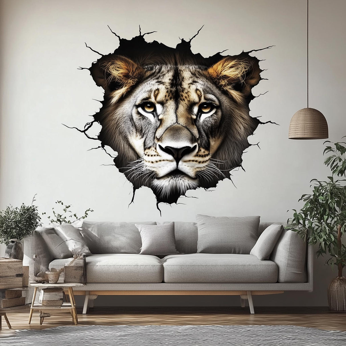 Realistic lion wall decal with a cracked-wall safari illusion